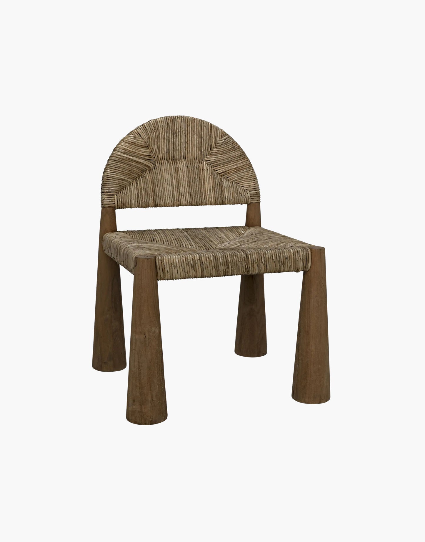 Teak side chair with arched back, woven seagrass seat, and conical legs, natural finish modern design