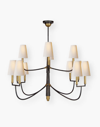 Large Bronze with Antique Brass Chandelier with a linen shade.