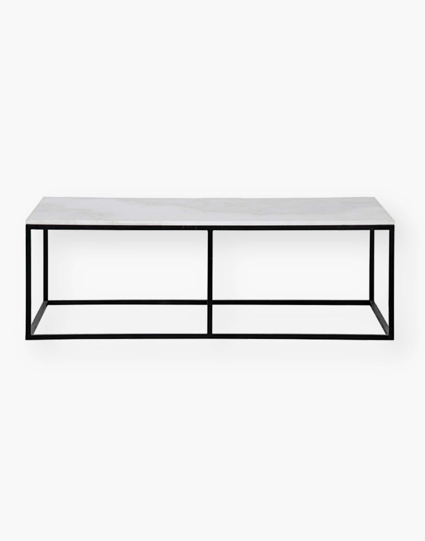 rectangle coffee table with quartz top supported by black simple metal frame