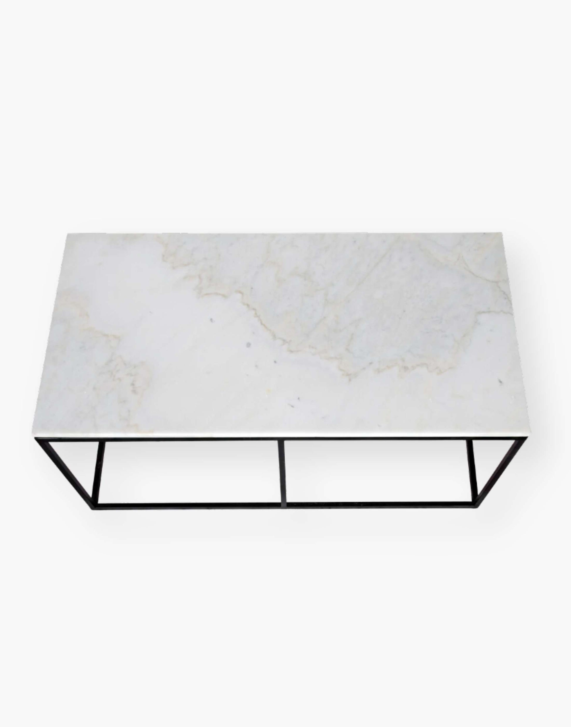 rectangle coffee table with quartz top supported by black simple metal frame