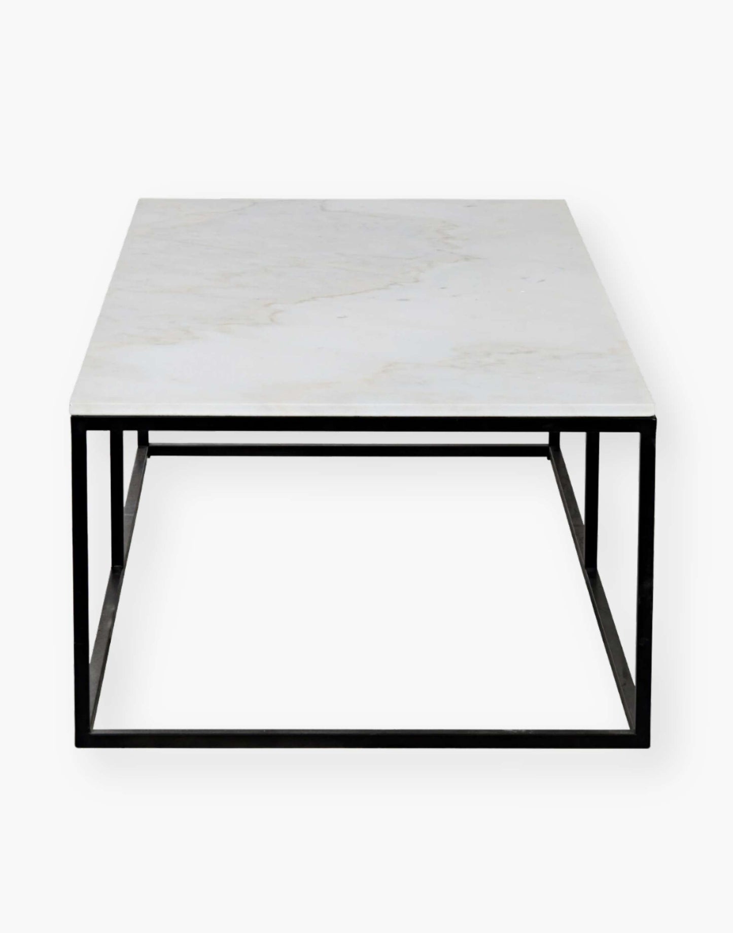 rectangle coffee table with quartz top supported by black simple metal frame