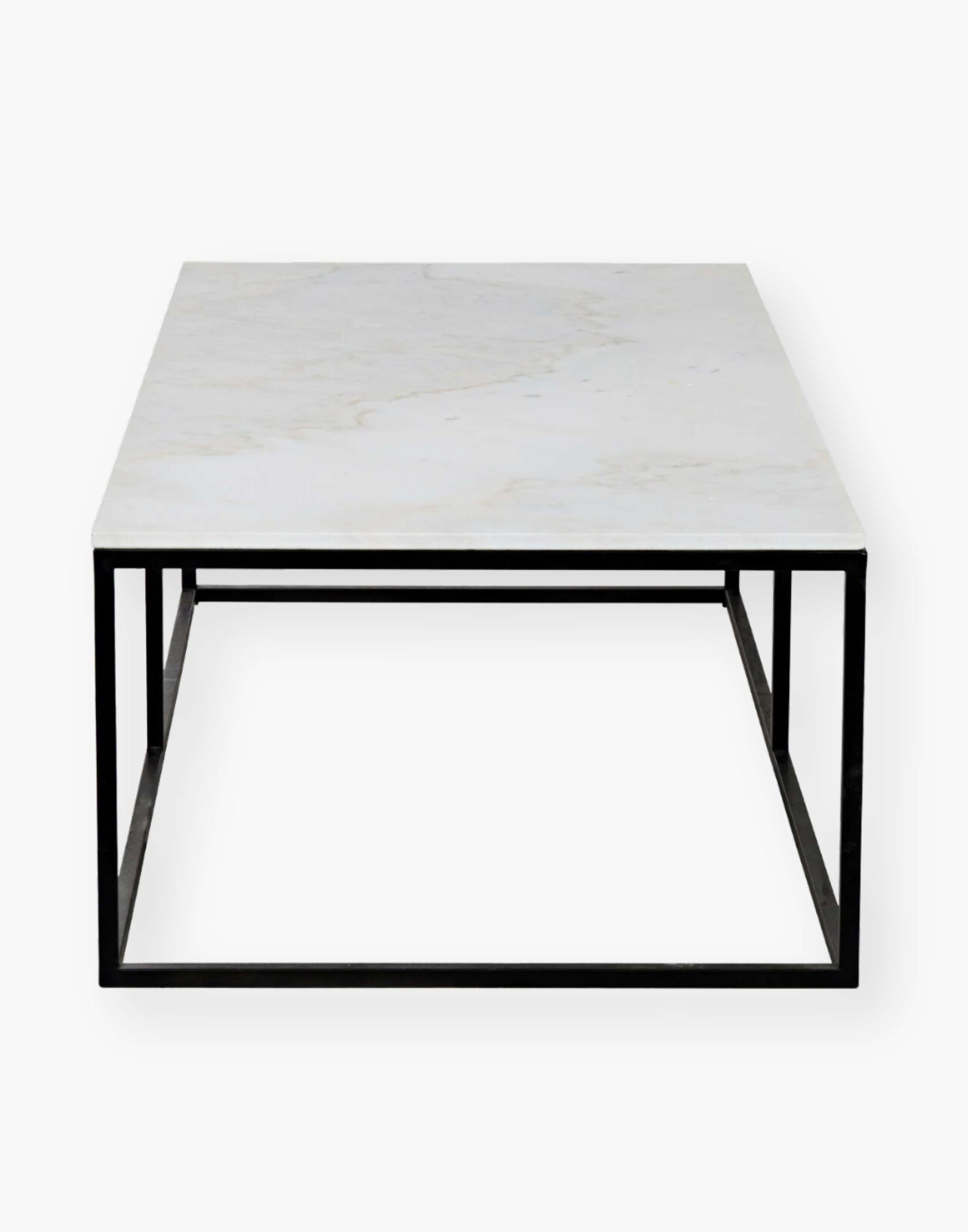 rectangle coffee table with quartz top supported by black simple metal frame