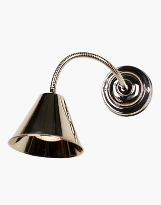 Map Room Flexi Wall Light in Solid Brass, Polished Nickel finish. LB4 Osram 5.3W LED recommended. Adjustable height, ideal for reading or bedside lamps.