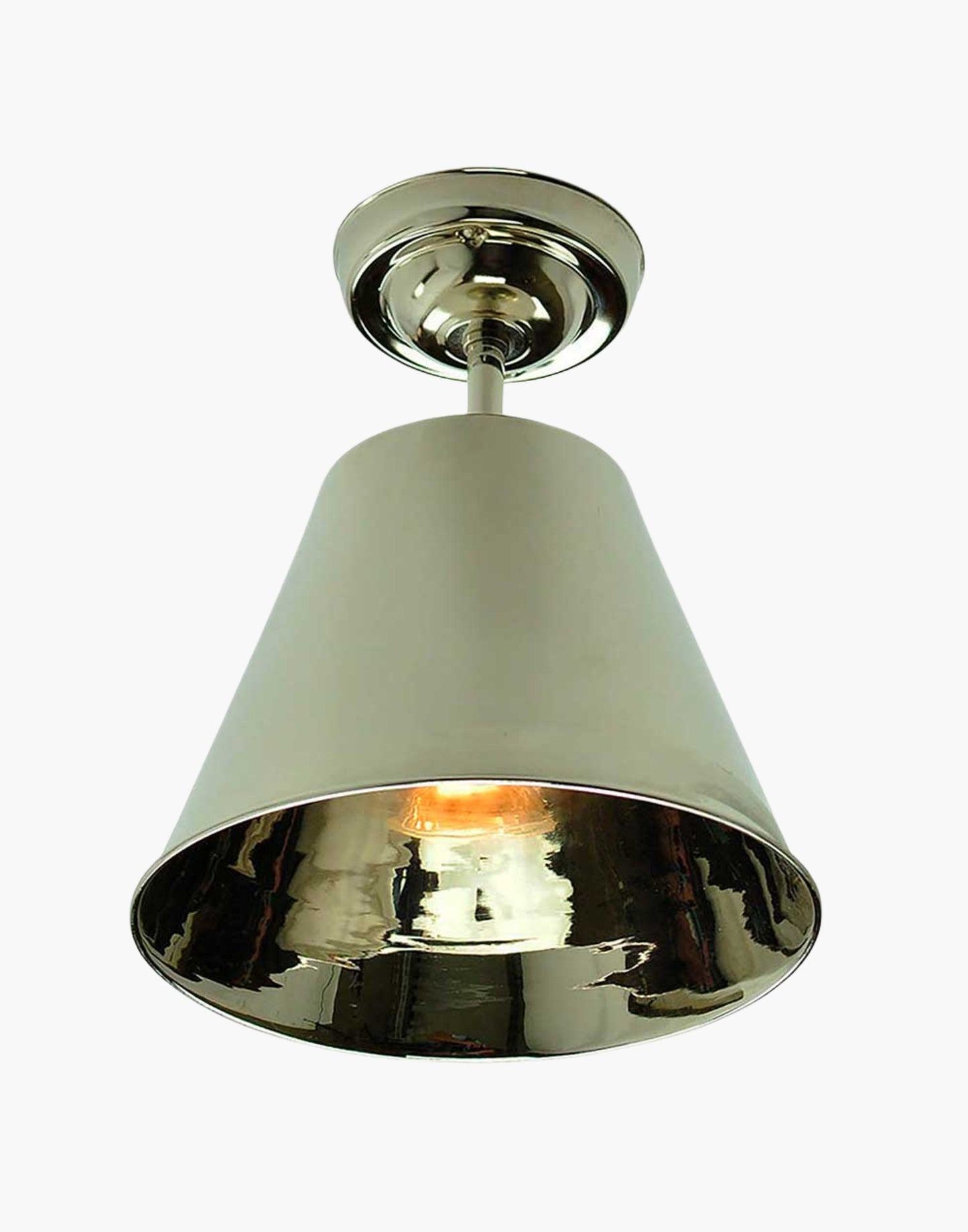 Map Room Flush Ceiling Light in solid brass, Polished Nickel finish. Recommended GU10 LED Dimmable lamp. Ideal for low-ceiling spaces, blending historic charm with focused task lighting.