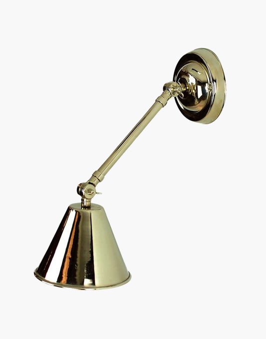 Map Room Single Adjustable Wall Light in Polished Brass. Vintage-inspired design with dimmable LED bulbs for focused illumination. Ideal for bedrooms or reading areas.