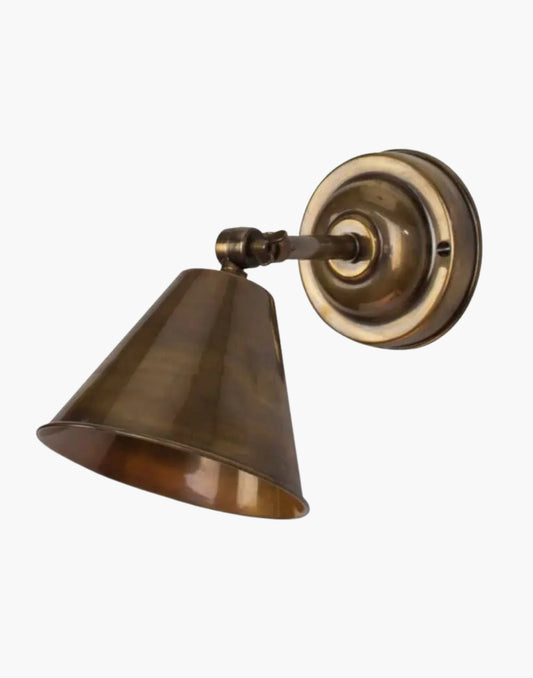 Adjustable Wall or Ceiling Light in solid brass with adjustable conical shade, vintage inspired task lighting for bedrooms and reading areas