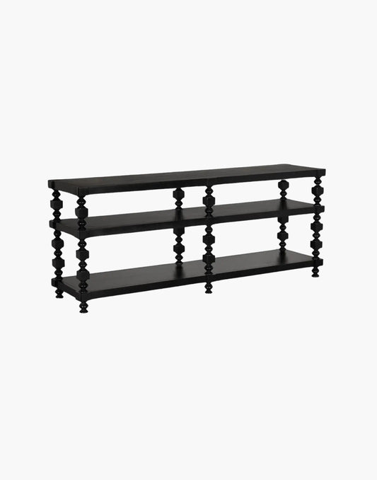Transitional console table with black finish and open storage shelves in living room setting