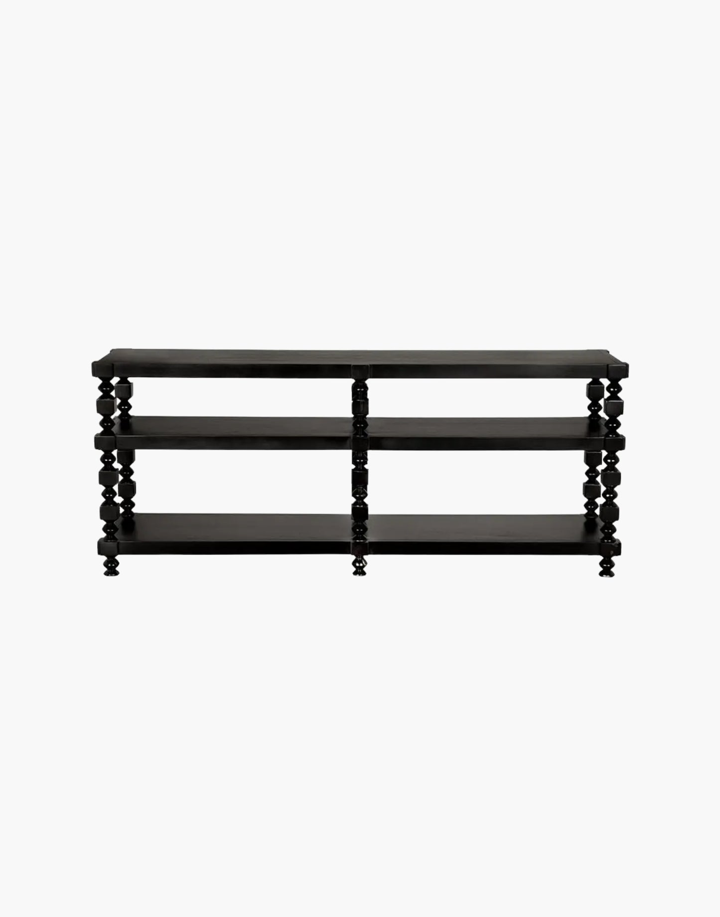 Transitional console table with black finish and open storage shelves in living room setting
