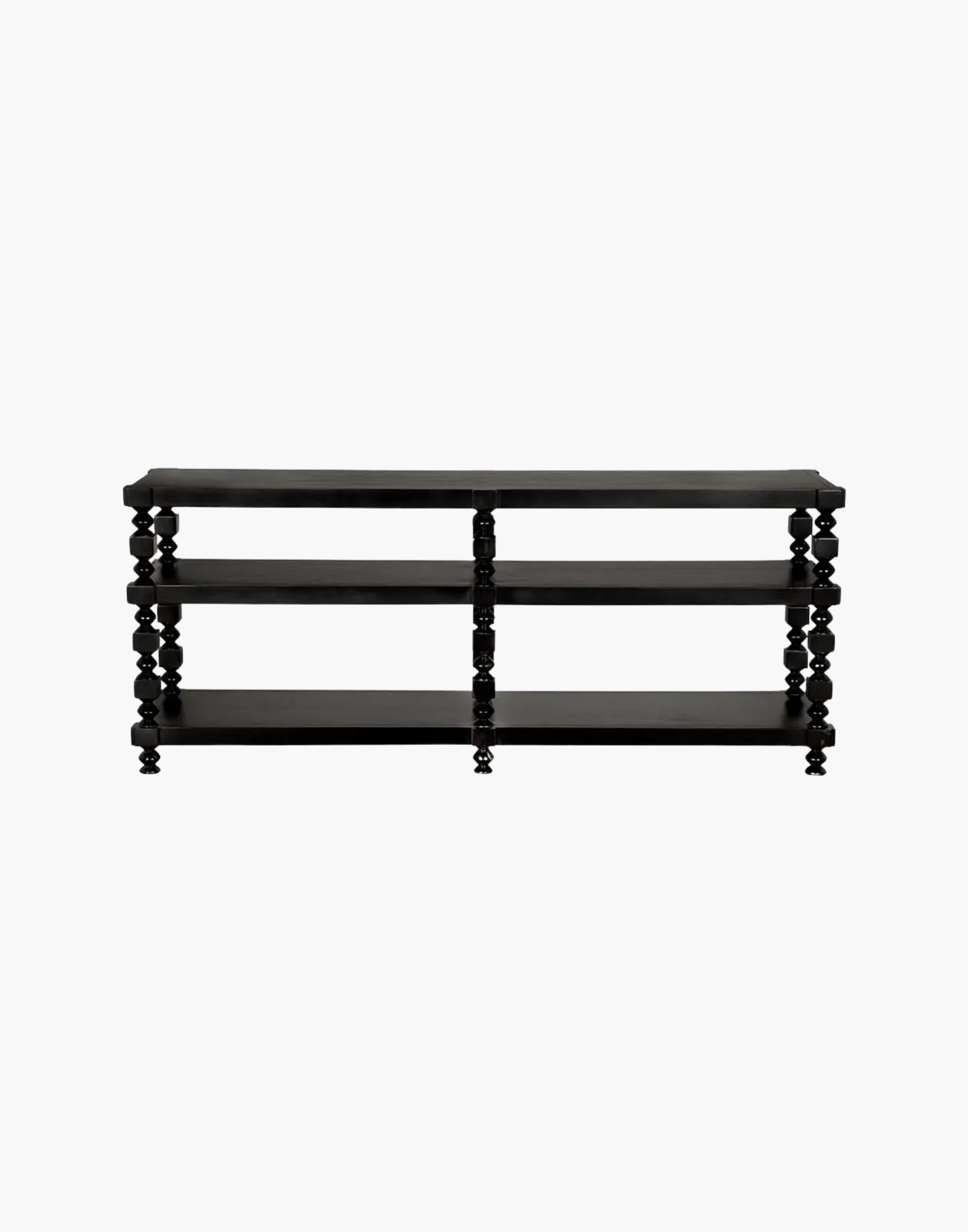 Transitional console table with black finish and open storage shelves in living room setting