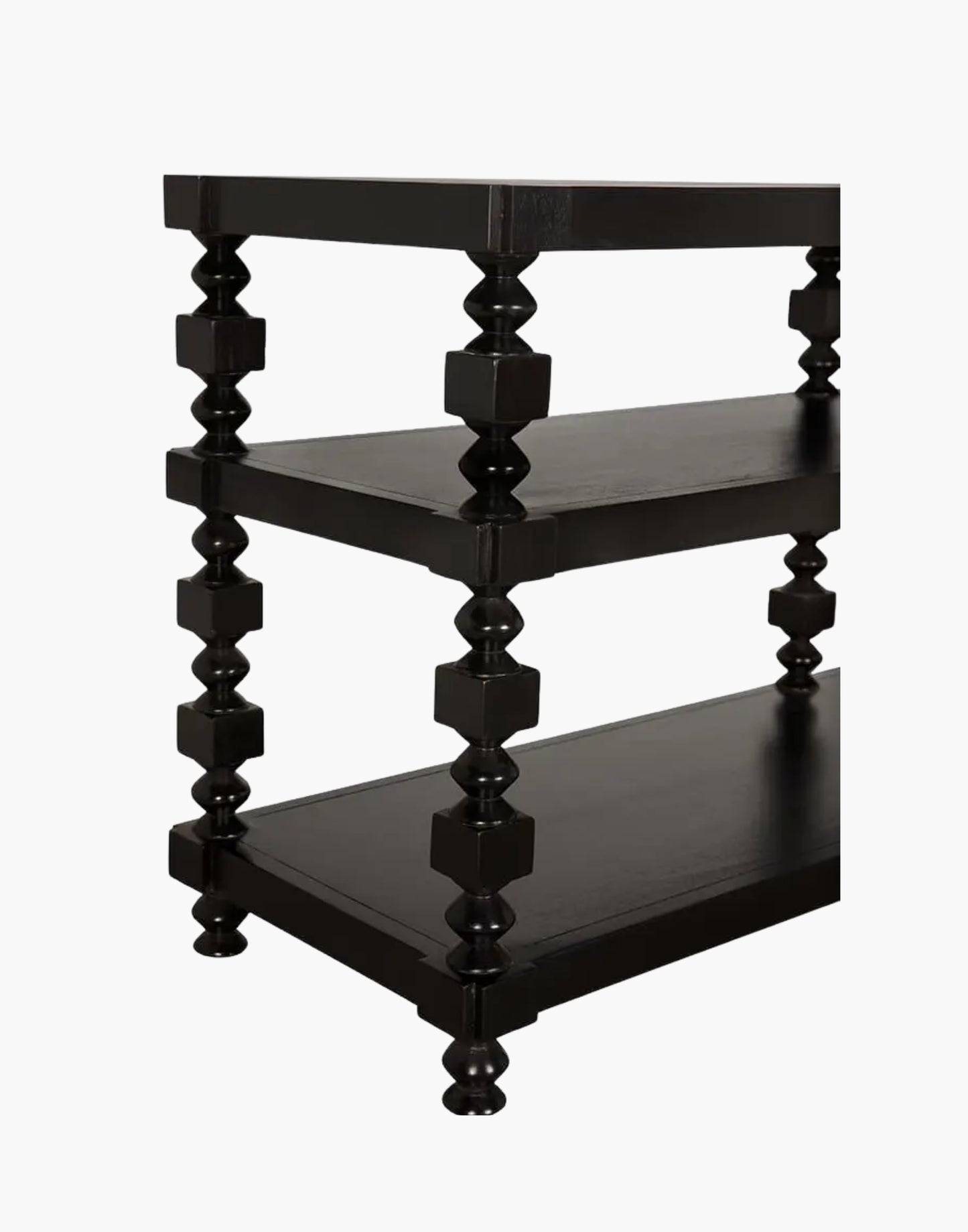 Transitional console table with black finish and open storage shelves in living room setting