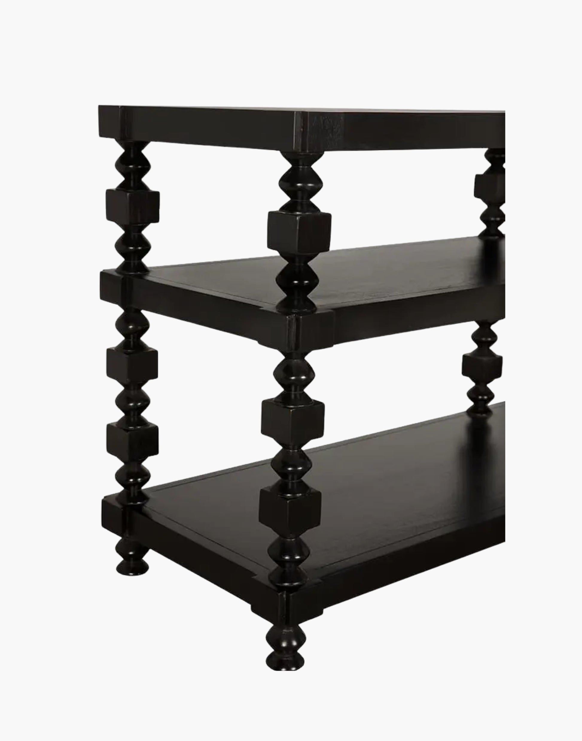 Transitional console table with black finish and open storage shelves in living room setting