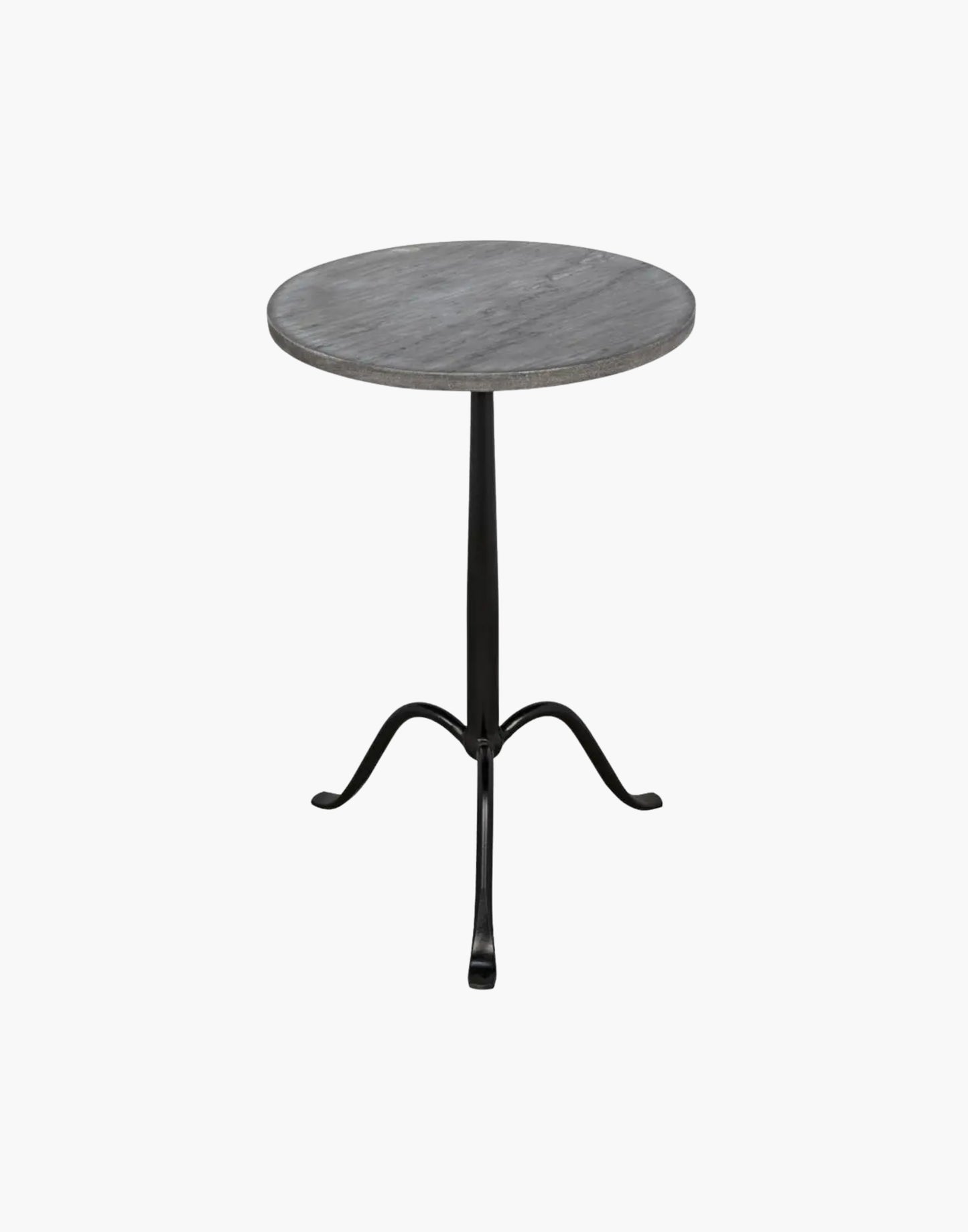 Tripod side table with matte black iron base and round black marble top, minimalist modern design