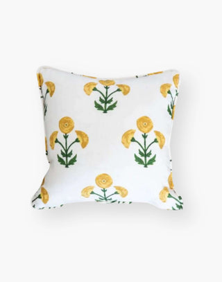 20 x 20 White Pillow with Green Stemmed Yellow Marigolds