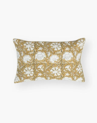 14x20 mustard on white floral pattern printed pillow with detailing.