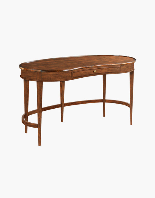 Kidney desk with cherry veneer top and five tapered legs.