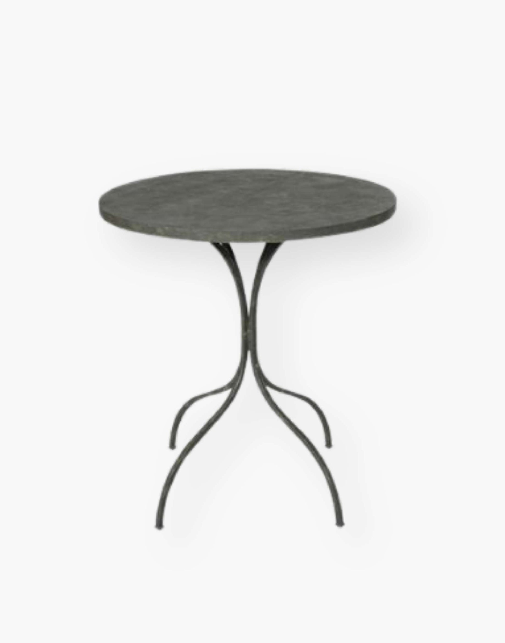 18th century French inspired guéridon with a honed metal top over four shaped metal legs.
