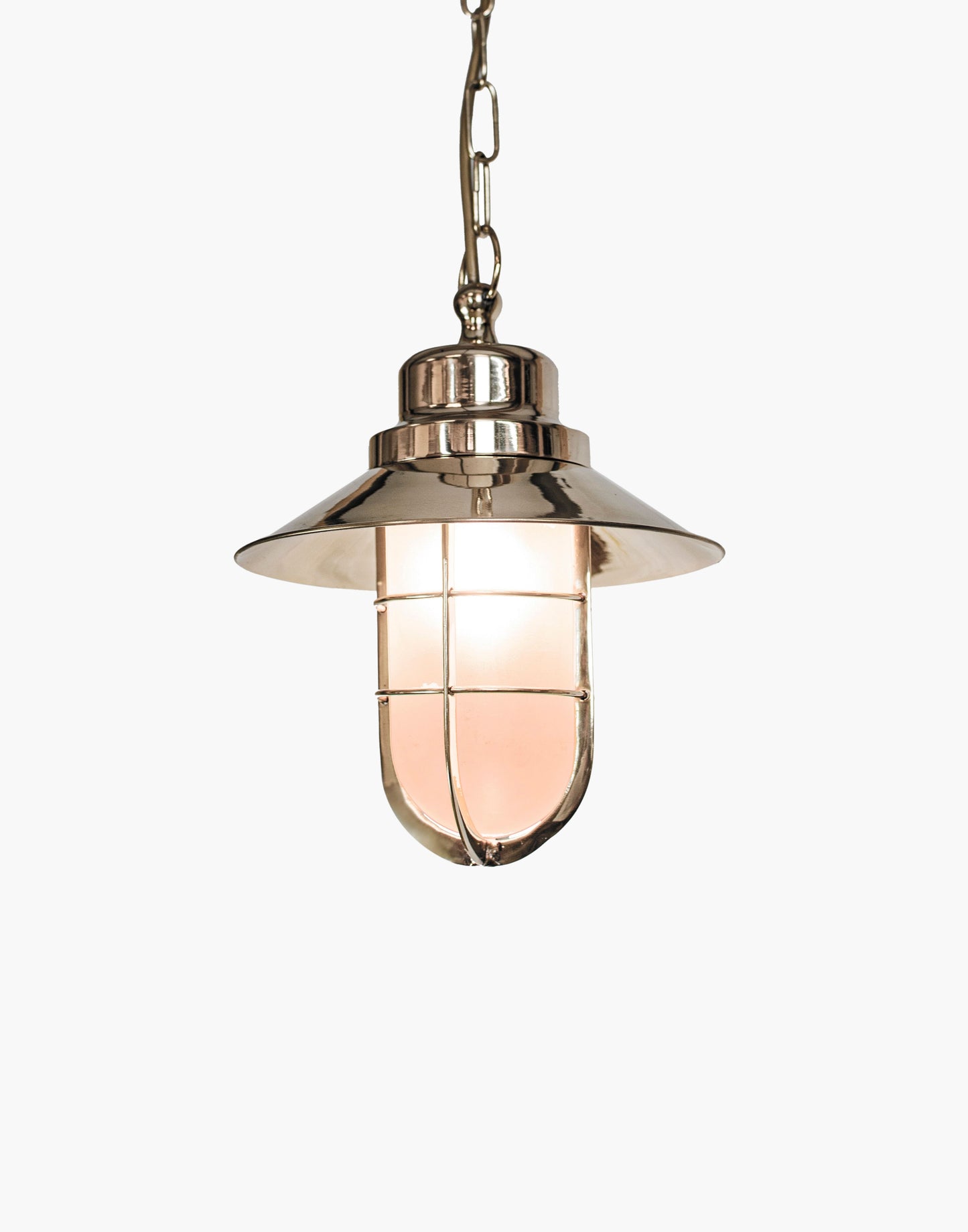 Solid brass nautical pendant light with clear or frosted glass, inspired by early 1900s ship lighting, classic maritime ceiling fixture