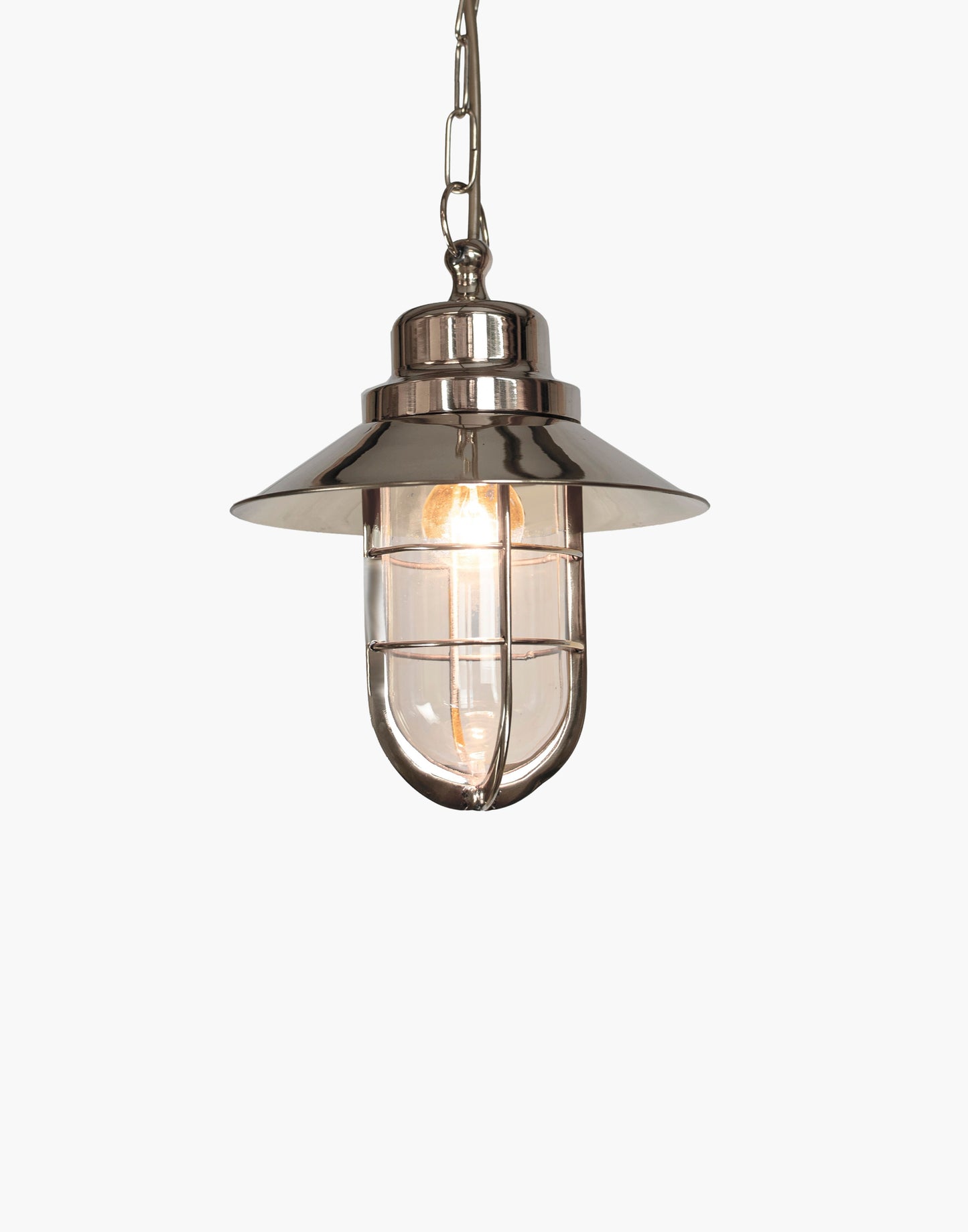 Solid brass nautical pendant light with clear or frosted glass, inspired by early 1900s ship lighting, classic maritime ceiling fixture