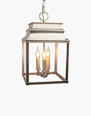 Medium Bordeaux Hanging Lantern in solid brass with intricate fretwork and top detailing, inspired by 19th-century French design. Perfect for indoor and outdoor use, ideal for hallways and stairwells.