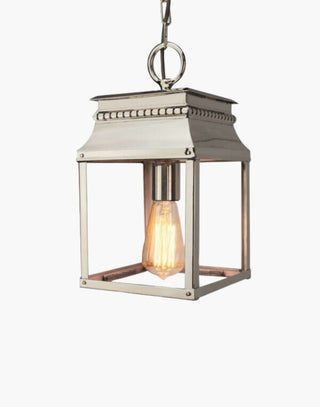 Small Bordeaux Hanging Lantern in solid brass with intricate fretwork and top detailing, inspired by 19th-century French design. Ideal for hallways, stairwells, and as an elegant over-counter light.