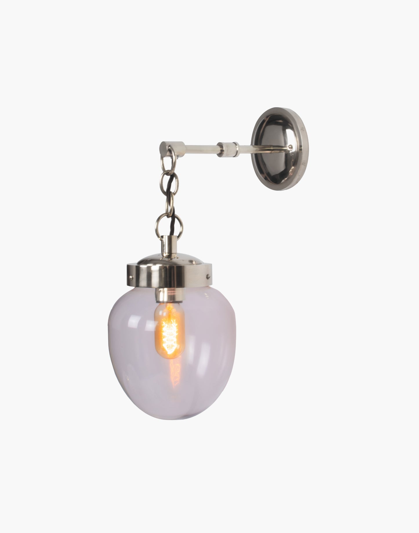 Solid brass mid-century wall light with clear or opal glass, T45 filament bulb compatible, suitable for covered outdoor and IP44 bathroom Zone 2 use.