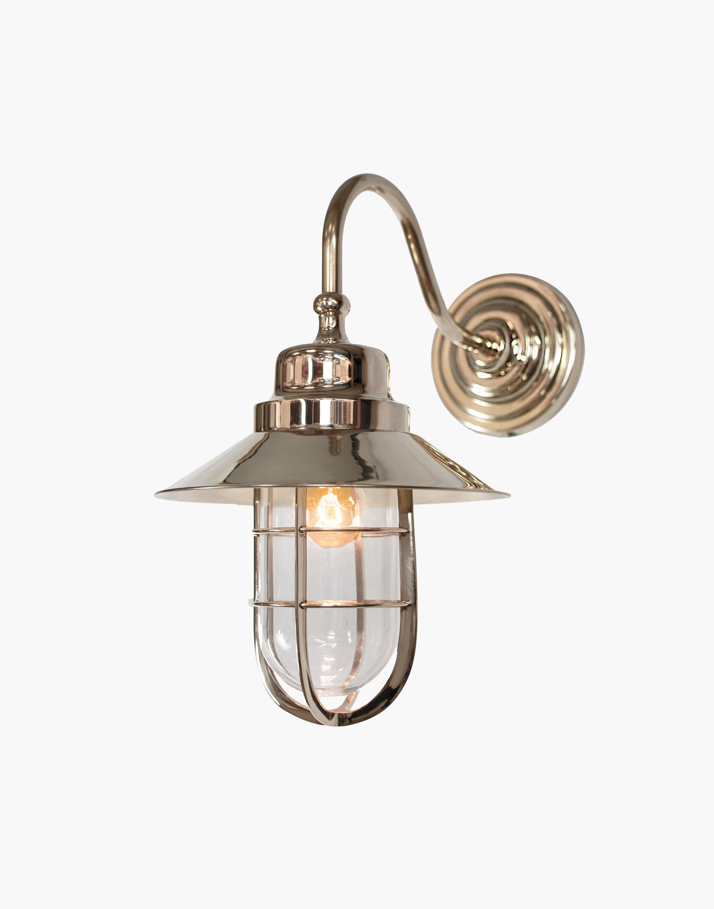 Wall Light C1915 in solid brass with clear or frosted glass, nautical wet-rated wall light for bathrooms or exterior use.