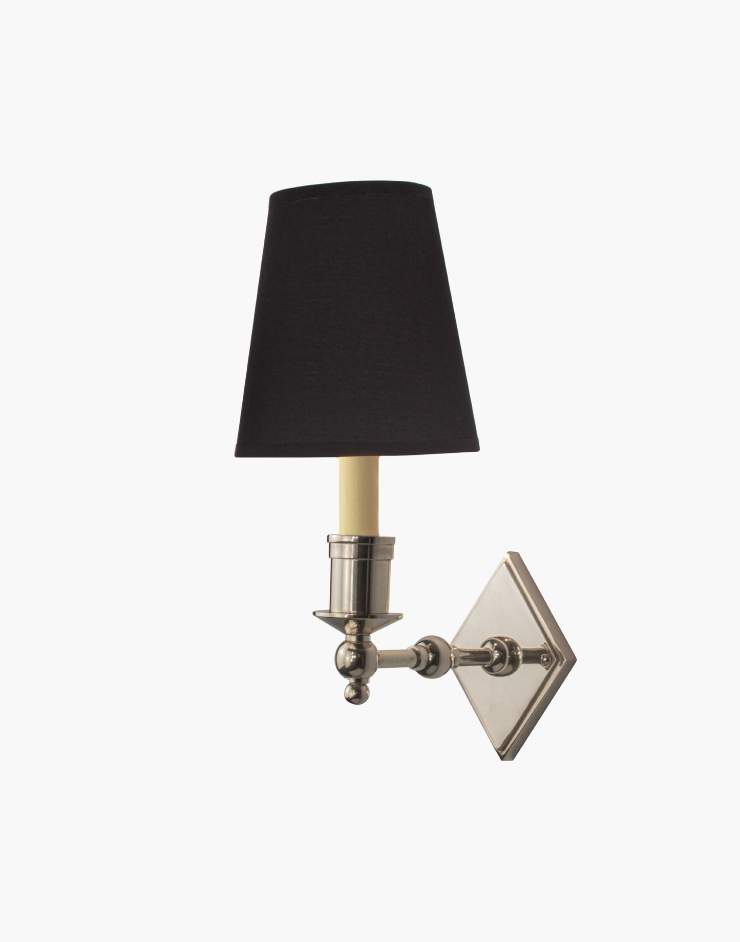 Brass wall sconce with diamond-shaped scalloped backplate and optional shade, cast and machined brass wall light.