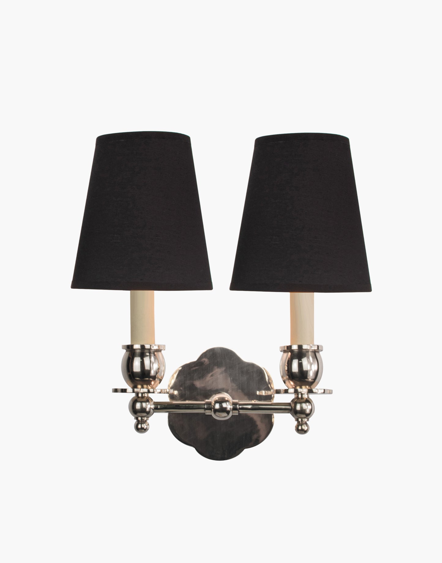 Twin Wall Sconce in solid brass with petal-shaped backplate and optional D6/D6G shades, transitional style for traditional and contemporary interiors.