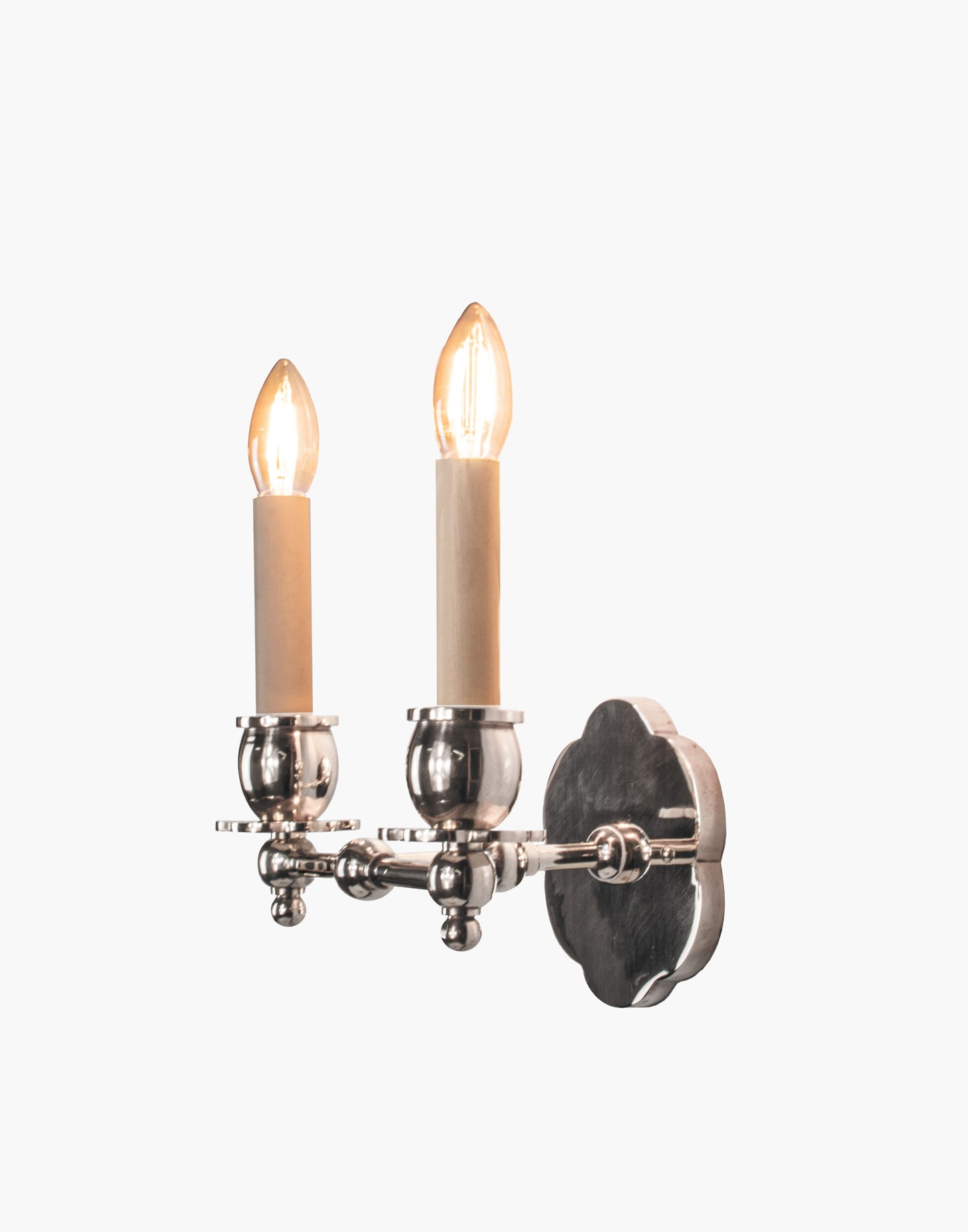 Twin Wall Sconce in solid brass with petal-shaped backplate and optional D6/D6G shades, transitional style for traditional and contemporary interiors.