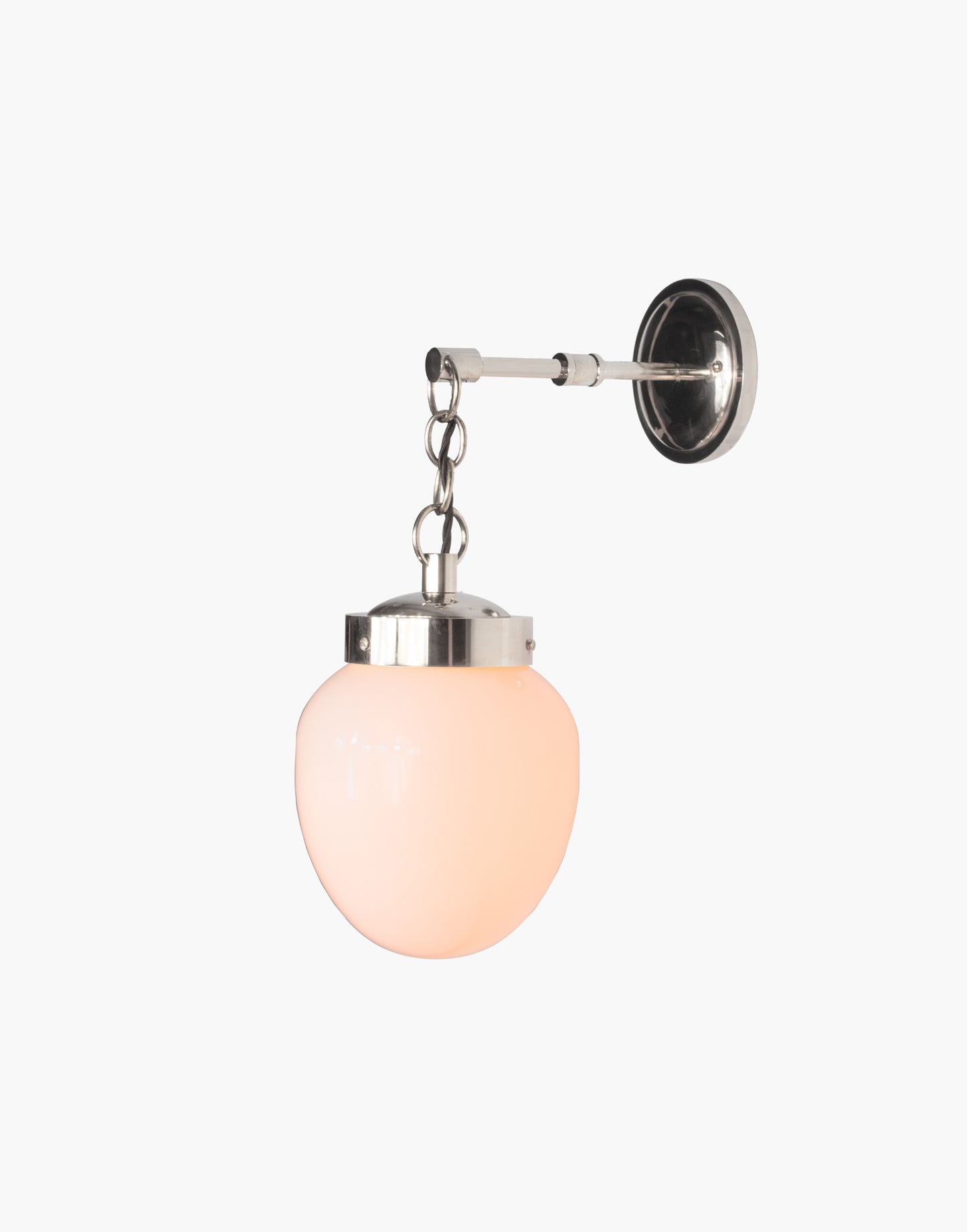 Solid brass mid-century wall light with clear or opal glass, T45 filament bulb compatible, suitable for covered outdoor and IP44 bathroom Zone 2 use.