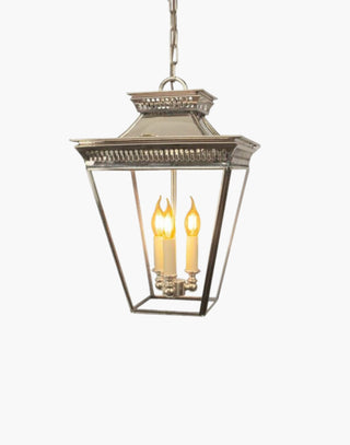 Medium Pagoda Pendant in solid brass with pierced fretwork and a Pagoda-style roof. Inspired by Georgian Colonial and Far Eastern design, perfect for hallways and stairwells. Includes 500mm chain and ceiling canopy.