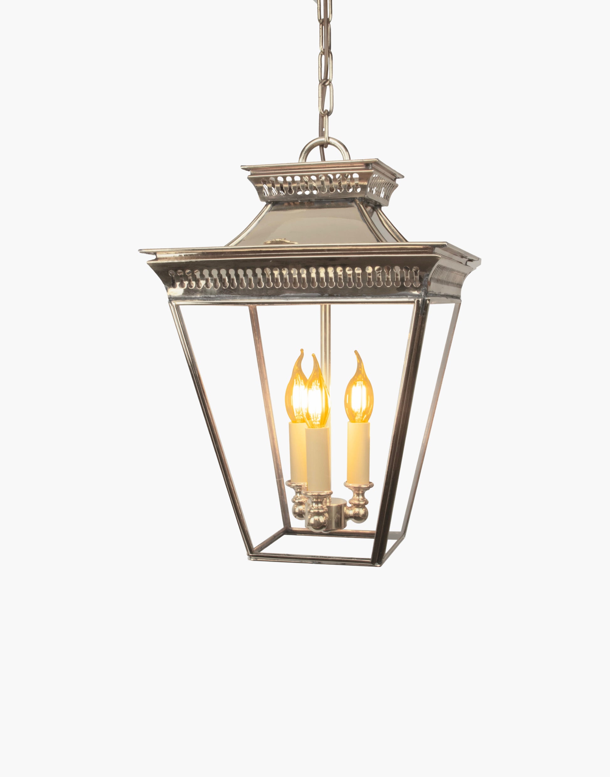 Pendant in solid brass with two-tier pierced fretwork and pagoda roof design, 3-light damp-rated hanging lantern