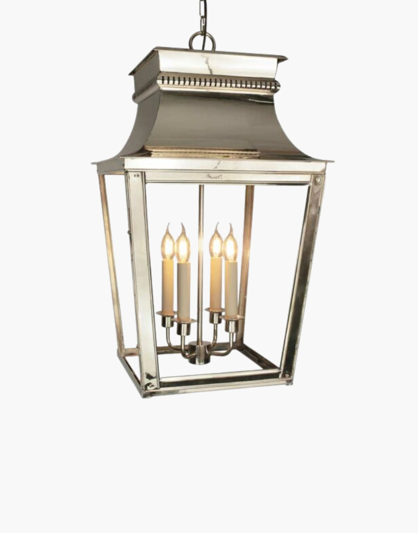 Extra-large Parisienne Hanging Lantern in solid brass with intricate fretwork, inspired by classic French architecture. Perfect for entrance porches and grand hallways. Includes 19.5″ chain and ceiling plate, with extra chain available.