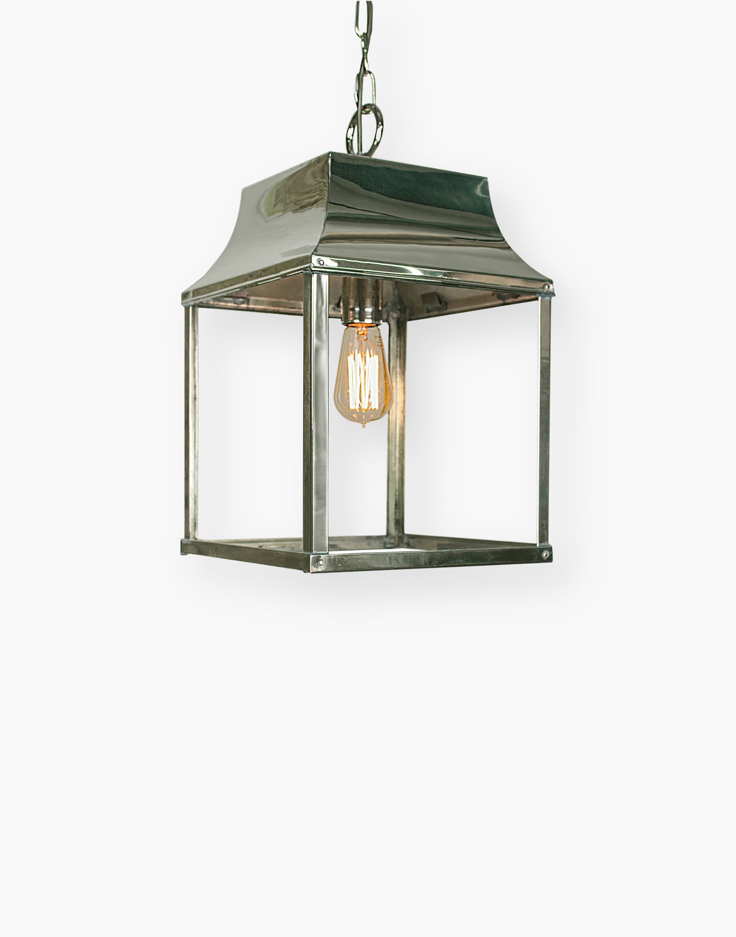 Hanging Lantern in solid brass, French farmhouse style, suitable for porch, hallway, or stairwell, part of a three-size lantern collection.