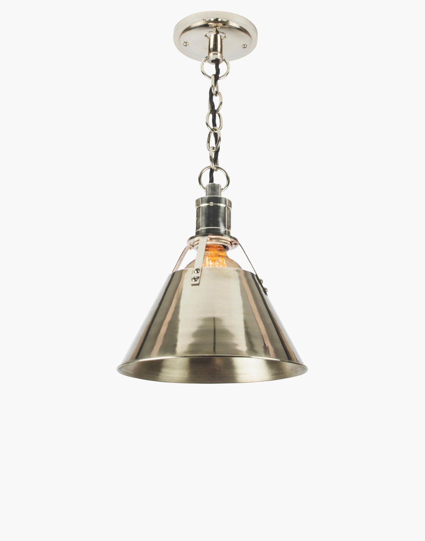 Brass pendant light with metal shade, nautical-industrial transitional design, ideal for kitchen island, countertop, or dining table lighting.