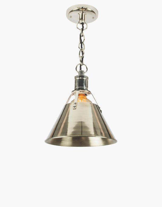 Brass pendant light with metal shade, nautical-industrial transitional design, ideal for kitchen island, countertop, or dining table lighting.
