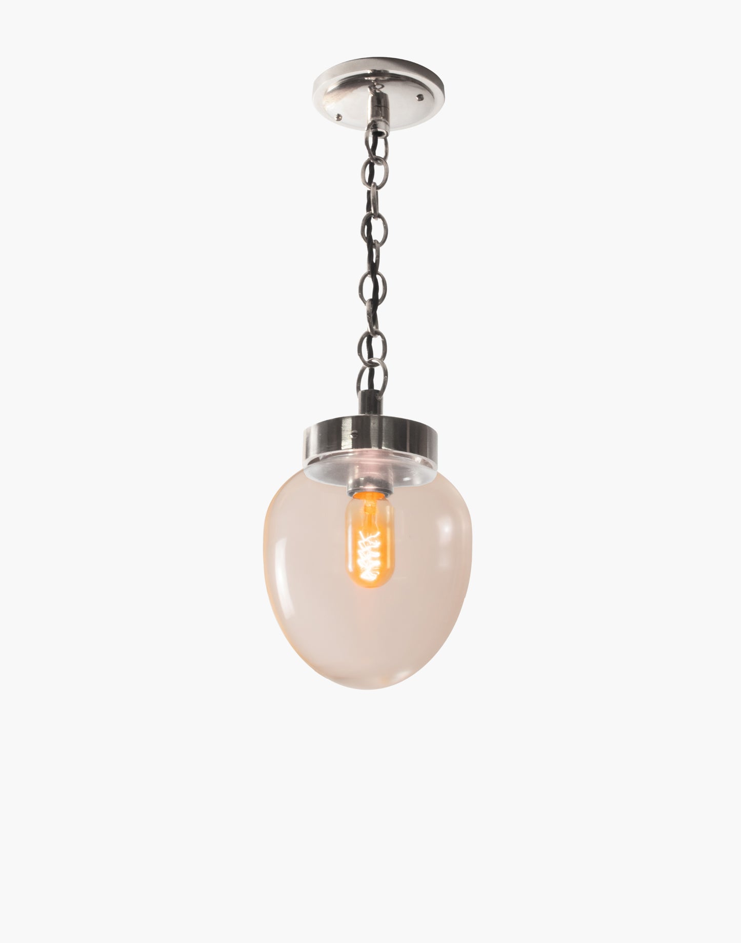 Solid brass pendant light with clear or opal glass, mid-century style hanging light compatible with T45 filament bulb, suitable for covered outdoor use.
