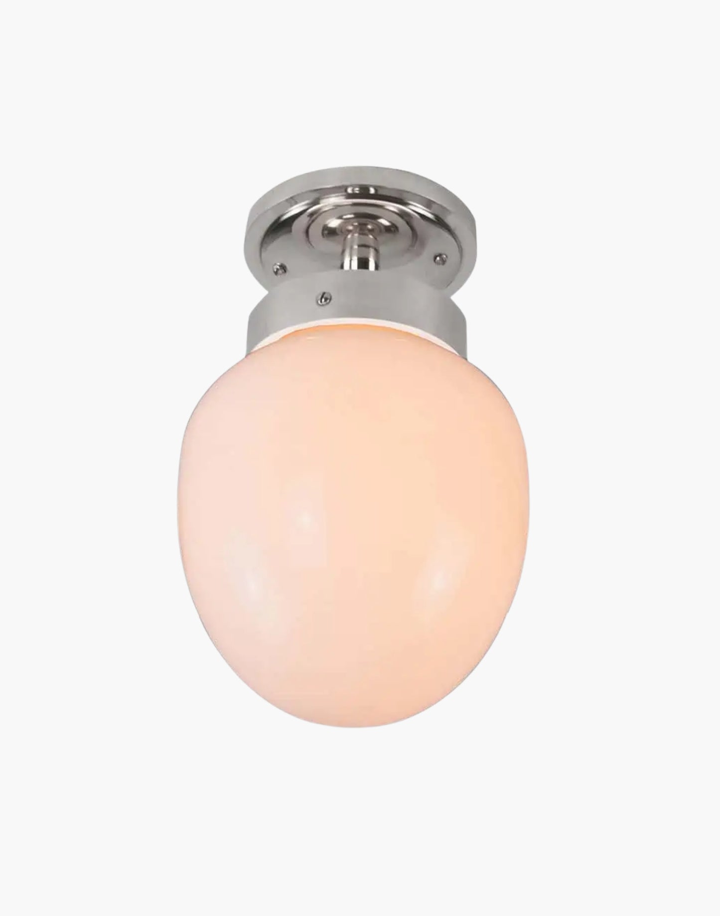 Charleston Flush Light in solid brass with mid-century design, available in five finishes with clear or opal glass. IP44-rated for Zone 2 bathrooms and covered outdoor areas.