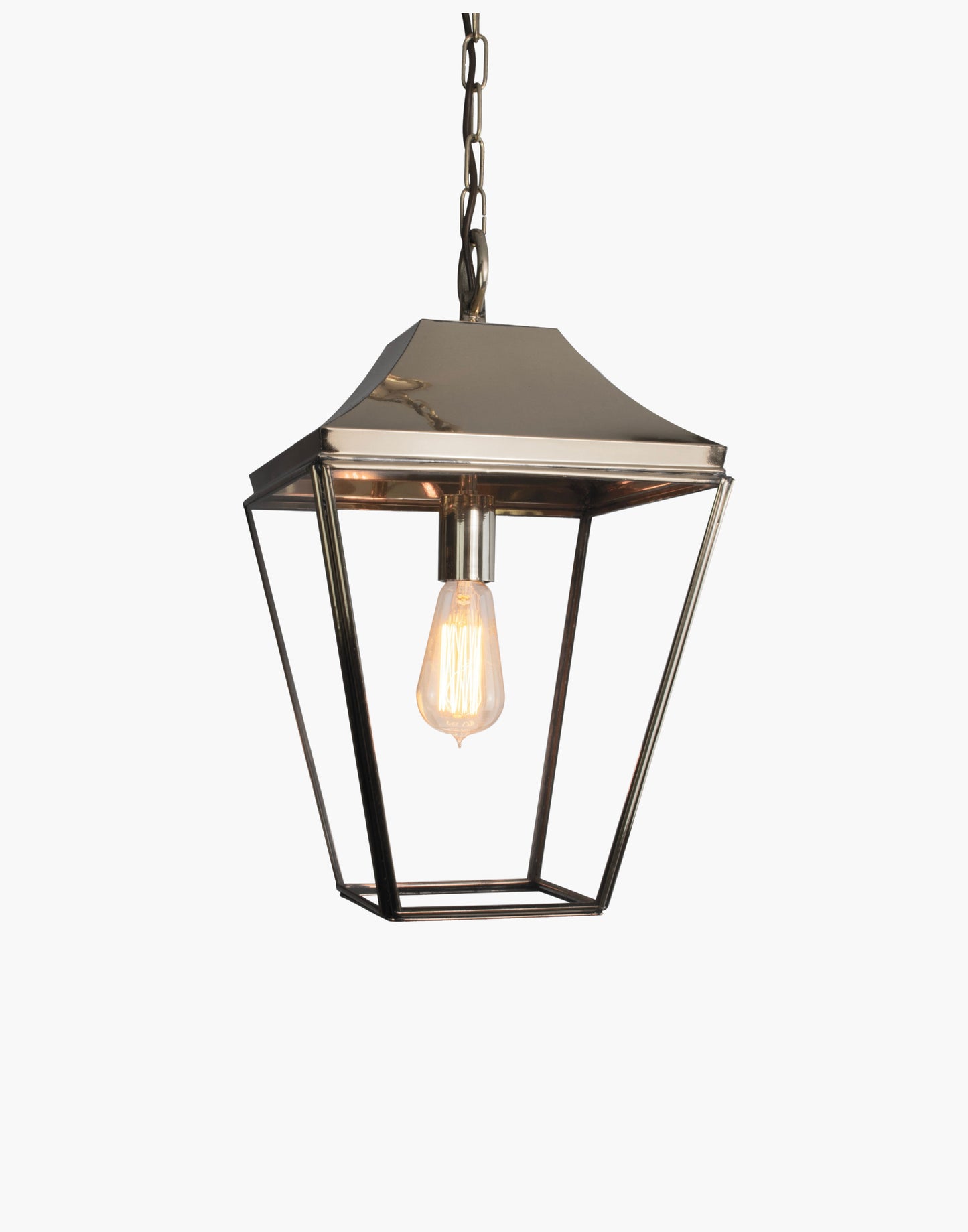 Pendant lantern in solid brass, traditional porch and hall hanging light with chain and canopy.