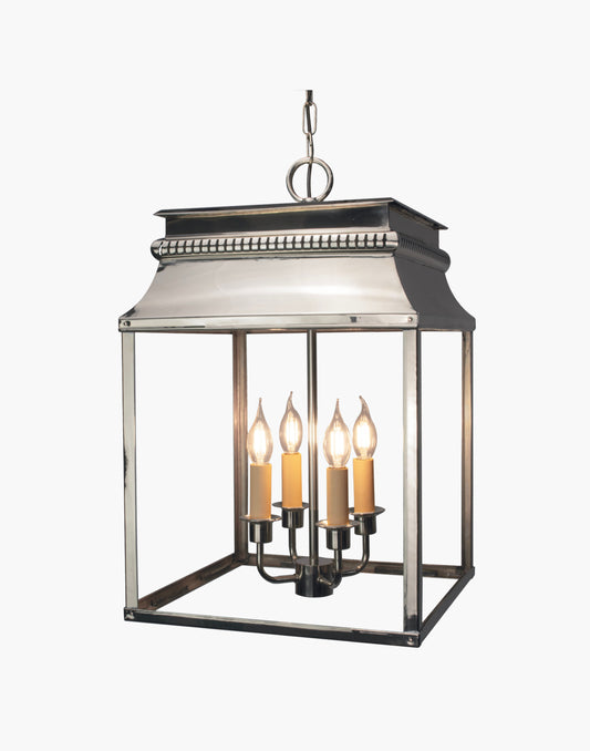 Hanging lantern in solid brass with French 19th-century–inspired fretwork, suspended ceiling lantern for interior or exterior use.