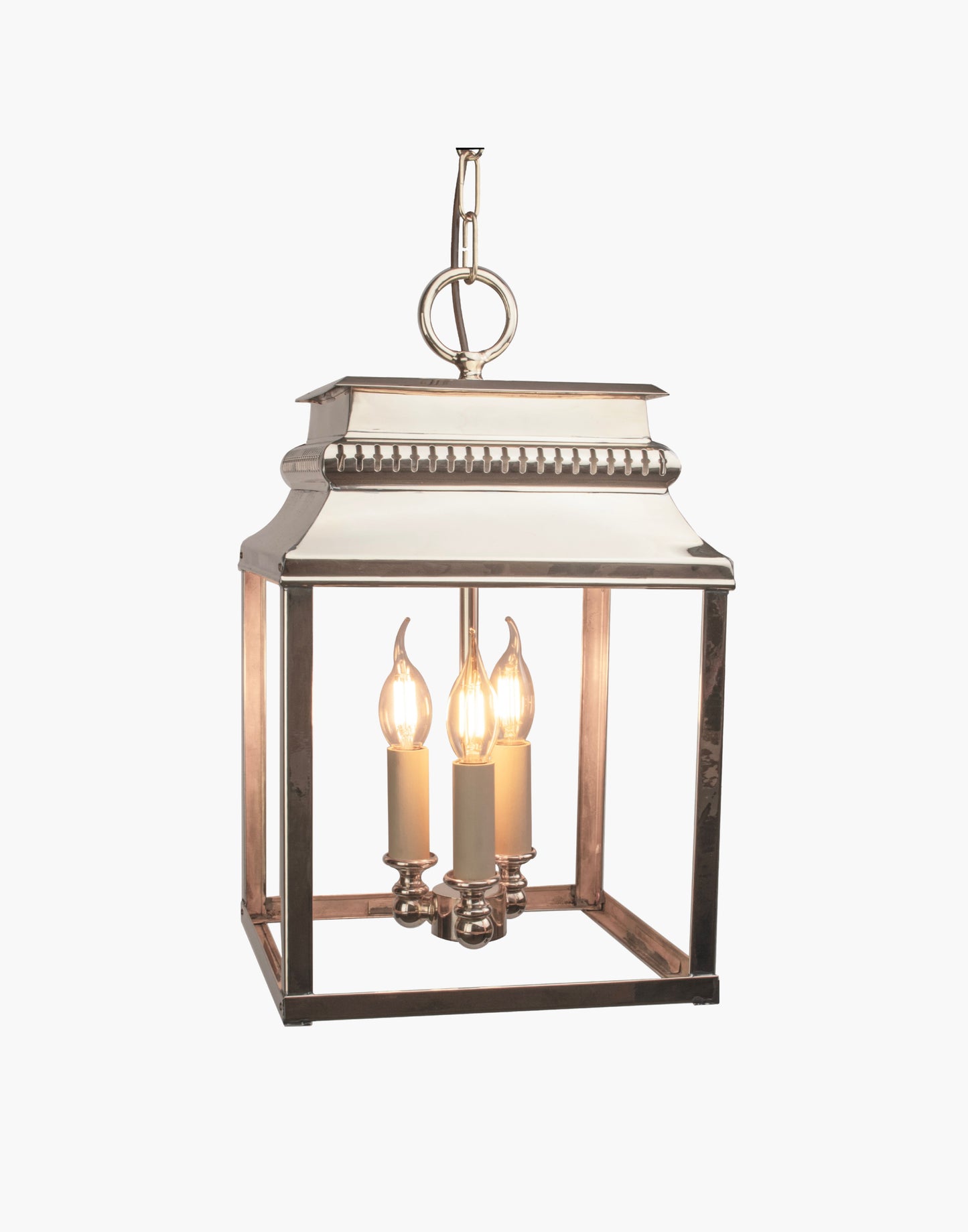 Hanging lantern in solid brass with French 19th-century–inspired fretwork, ceiling lantern for hallways or stairwells, suitable for interior or exterior use.