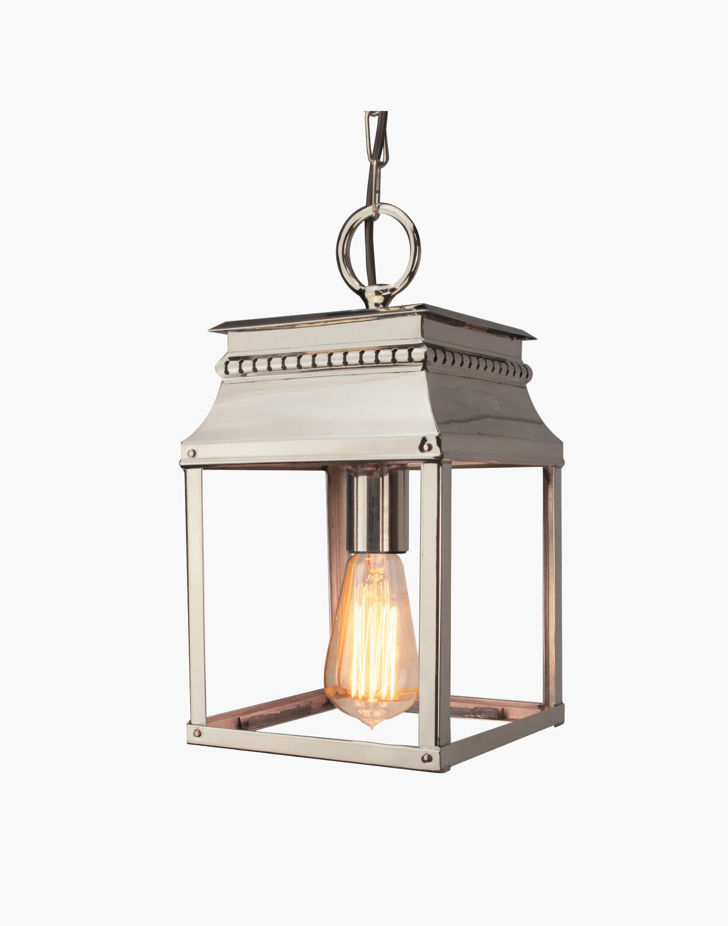 Bordeaux hanging lantern in solid brass with French 19th-century–inspired fretwork, ceiling lantern for hallways, stairwells, or over-counter lighting, suitable for interior or exterior use.