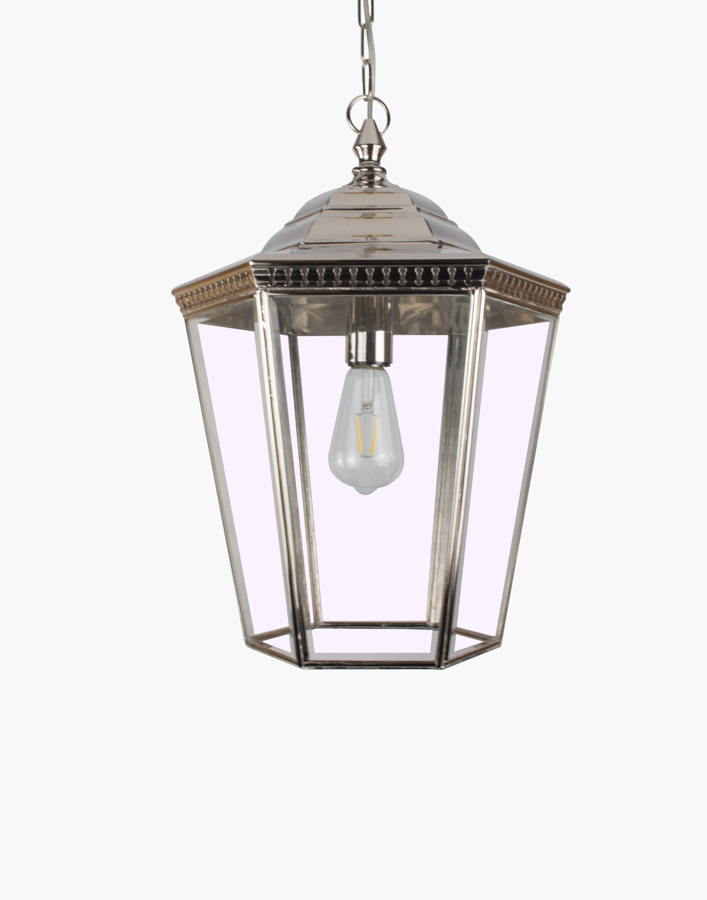 Pendant lantern in solid copper with brass detailing and beveled glass, traditional hall or porch hanging light.