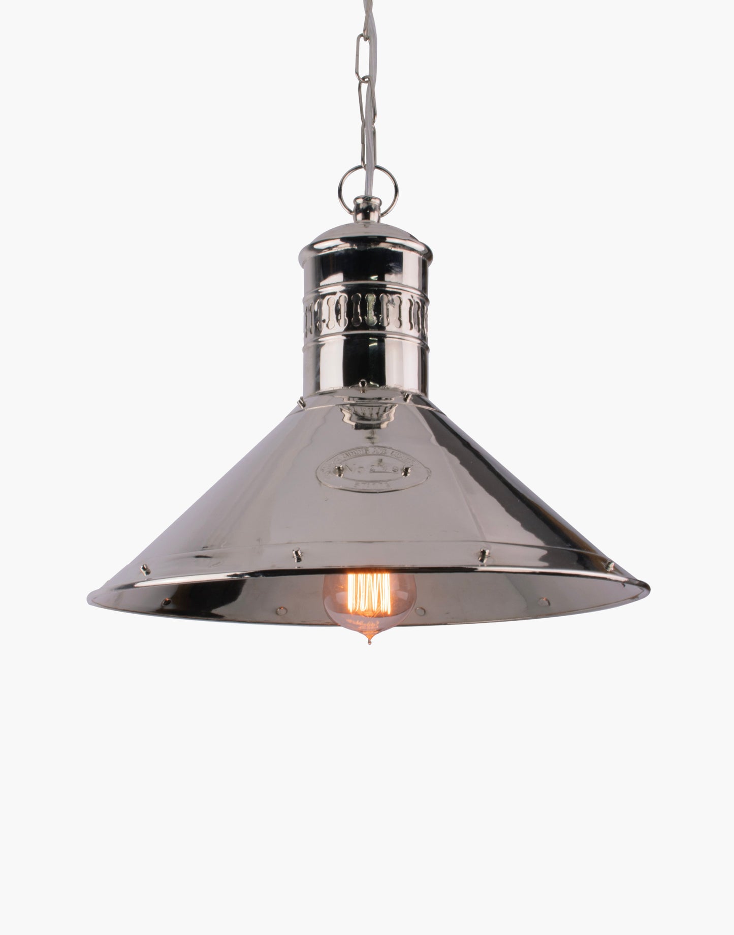 Deck lamp in solid copper with brass detailing and nameplate, suspended pendant light with chain, inspired by Cannock Mining Company design.