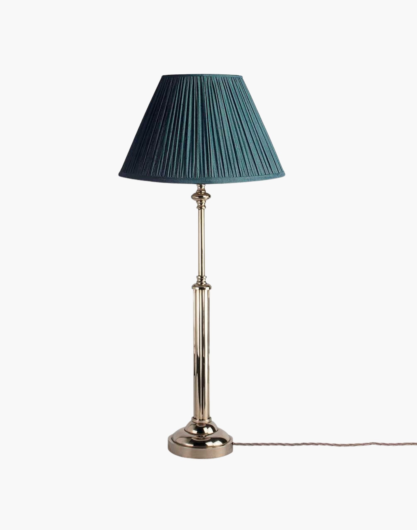 Brass table lamp with fluted stem and cast ball detail, colonial-style table lamp available with or without shade.