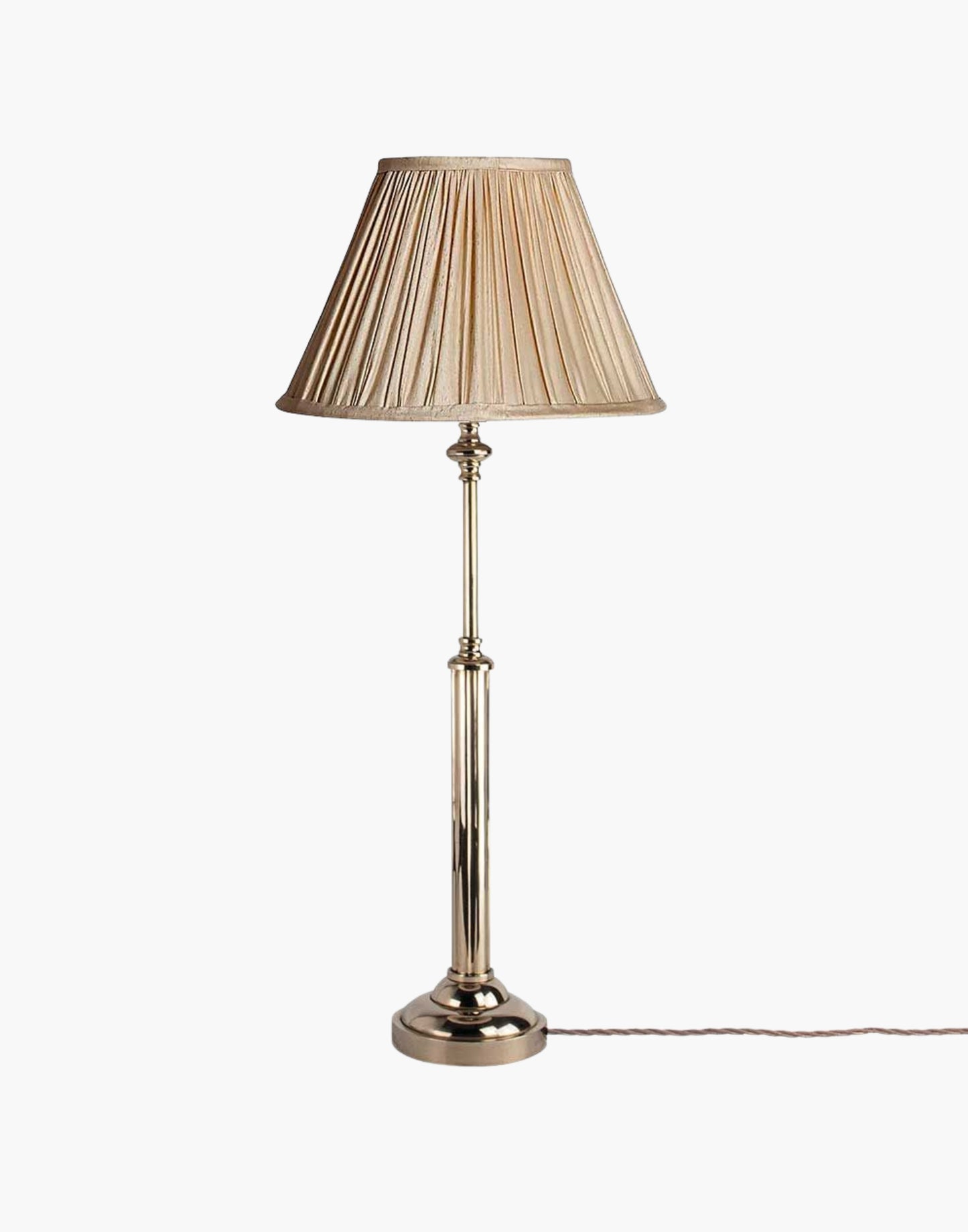 Brass table lamp with fluted stem and cast ball detail, colonial-style table lamp available with or without shade.