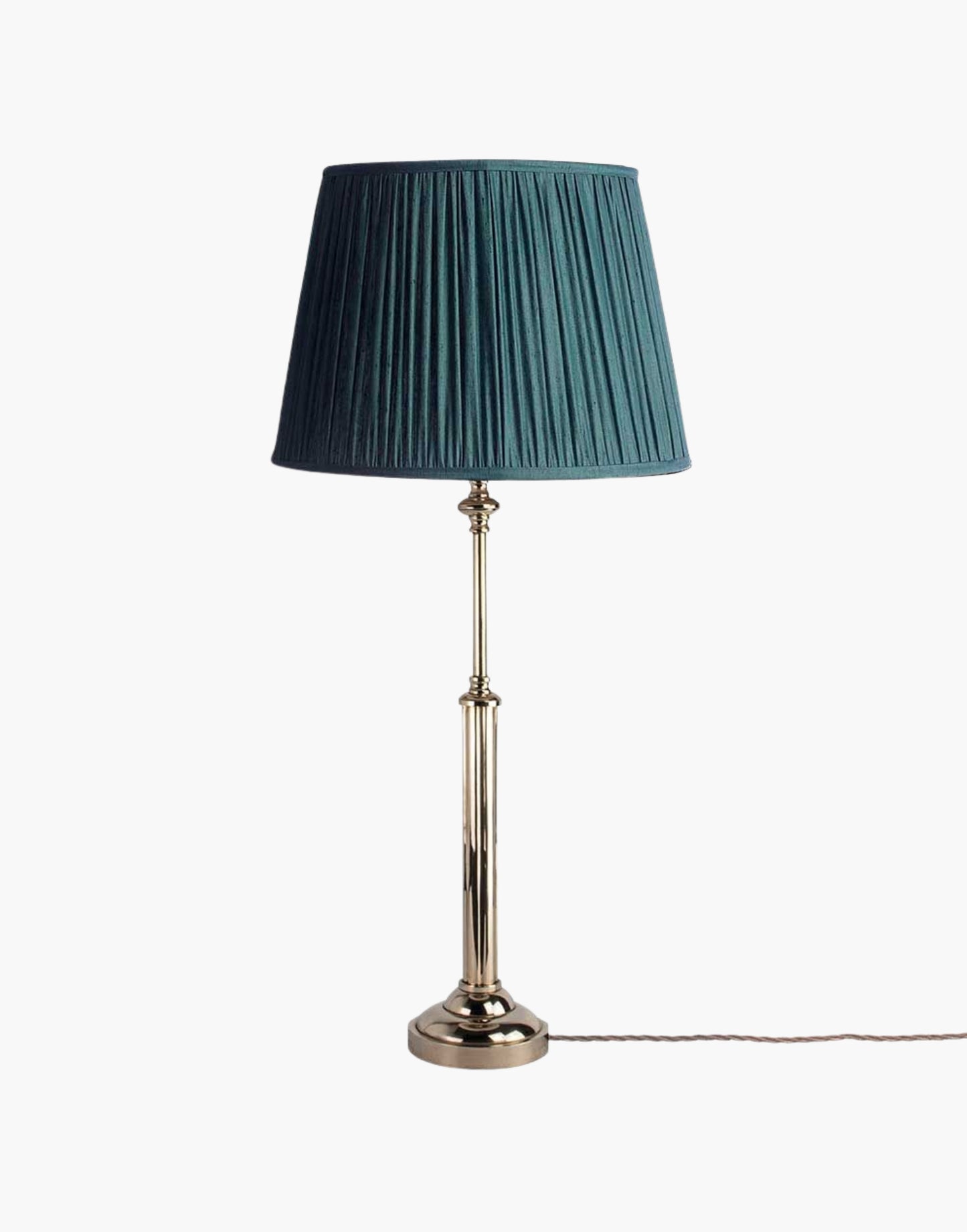 Brass table lamp with fluted stem and cast ball detail, colonial-style table lamp available with or without shade.