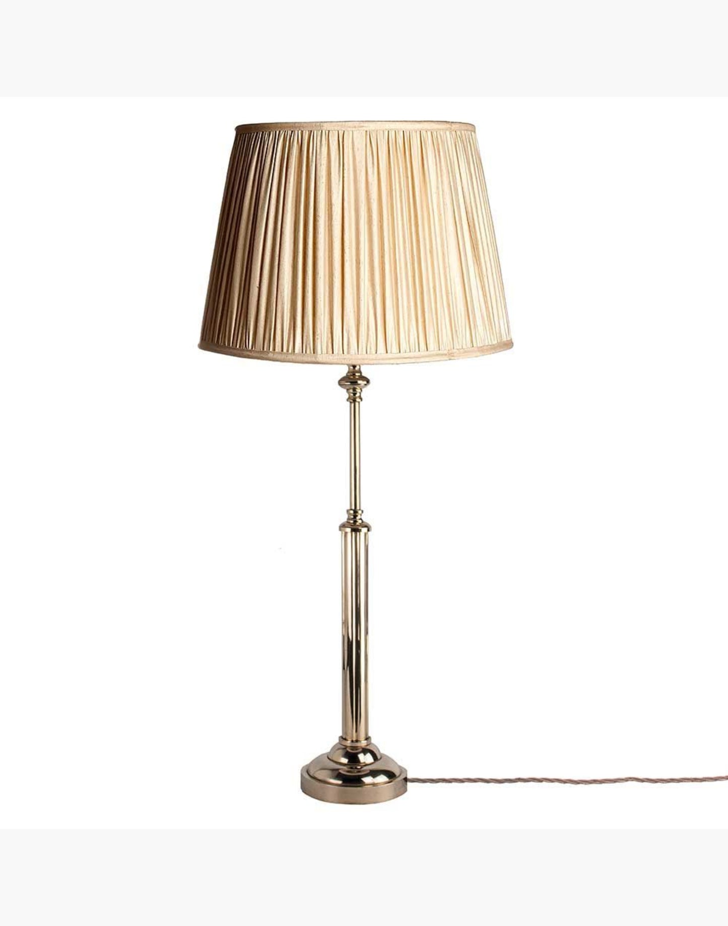 Brass table lamp with fluted stem and cast ball detail, colonial-style table lamp available with or without shade.