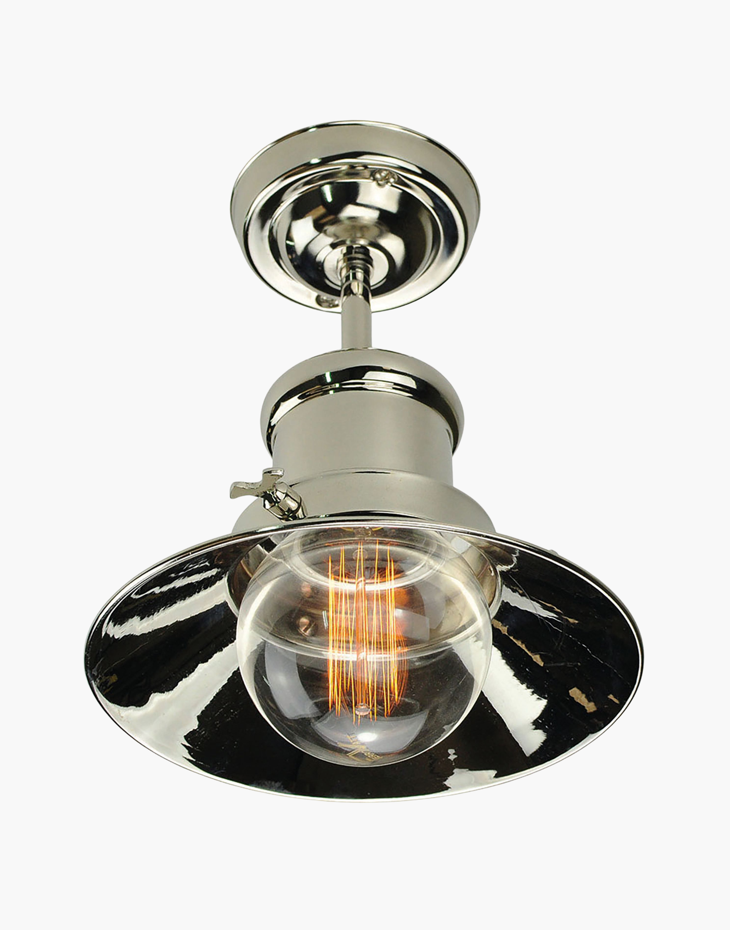 Flush ceiling light in solid brass with Ferrowatt squirrel cage bulb, flush mount fixture for low ceilings.