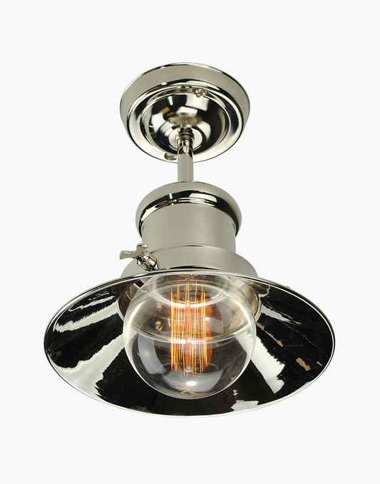 Flush ceiling light in solid brass with Ferrowatt squirrel cage bulb, flush mount fixture for low ceilings.